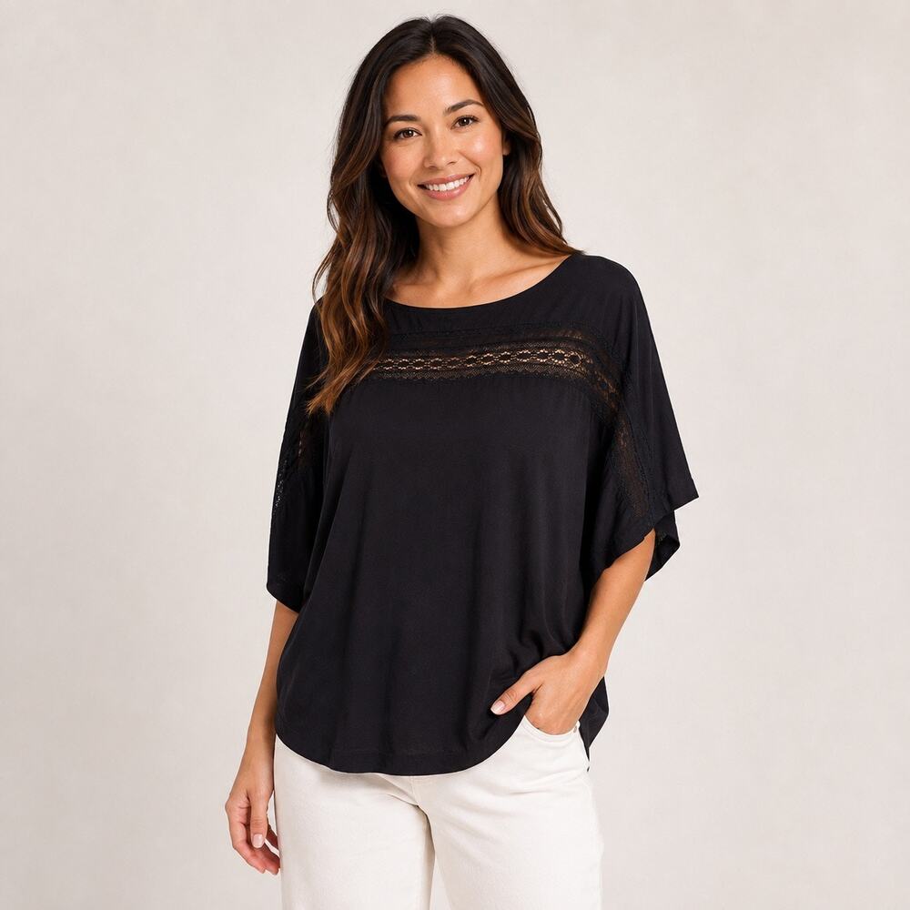 NWT Levis Womens Blouse Black Lace Trim Dolman Sleeve Pullover Shirt Top Small